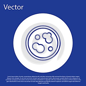 Blue line Petri dish with bacteria icon isolated on blue background. White circle button. Vector Illustration