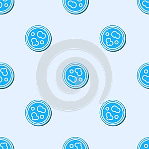 Blue line Petri dish with bacteria icon isolated seamless pattern on grey background. Vector Illustration