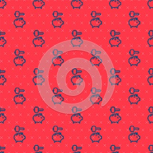 Blue line Piggy bank and hammer icon isolated seamless pattern on red background. Icon saving or accumulation of money