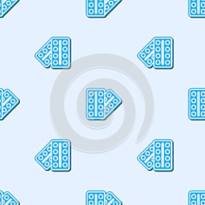 Blue line Pills in blister pack icon isolated seamless pattern on grey background. Medical drug package for tablet
