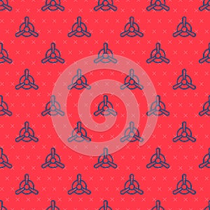 Blue line Plane propeller icon isolated seamless pattern on red background. Vintage aircraft propeller. Vector