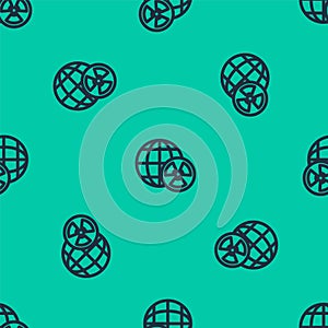 Blue line Planet earth and radiation symbol icon isolated seamless pattern on green background. Environmental concept