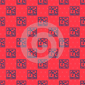 Blue line Railway map icon isolated seamless pattern on red background. Vector