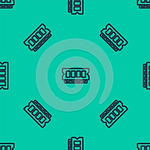 Blue line RAM, random access memory icon isolated seamless pattern on green background. Vector