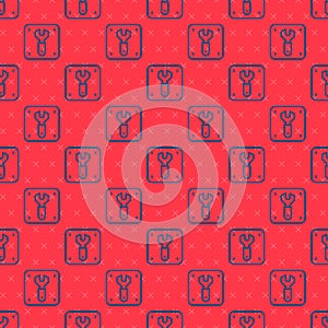 Blue line Repair of railway icon isolated seamless pattern on red background. Repair works. Renovation work. Sign and