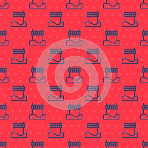 Blue line Ribbon in finishing line icon isolated seamless pattern on red background. Symbol of finish line. Sport symbol