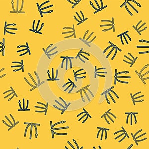 Blue line Ringing bell icon isolated seamless pattern on yellow background. Alarm symbol, service bell, handbell sign