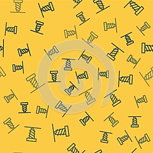 Blue line Rotating drill digging a hole in a ground icon isolated seamless pattern on yellow background. Vector