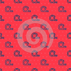 Blue line Roulette construction icon isolated seamless pattern on red background. Tape measure symbol. Vector