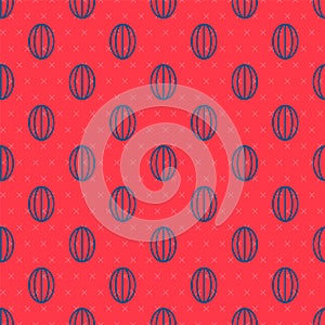 Blue line Rugby ball icon isolated seamless pattern on red background. Vector Illustration