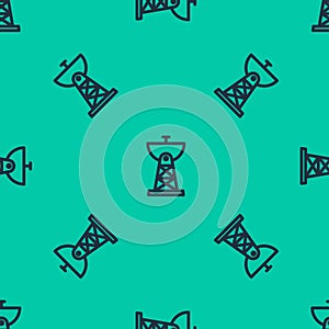 Blue line Satellite dish icon isolated seamless pattern on green background. Radio antenna, astronomy and space research