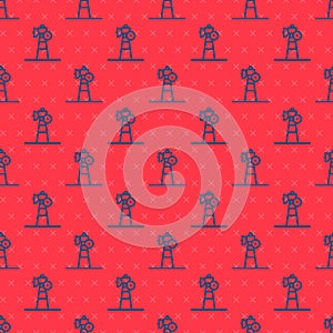 Blue line Satellite dish icon isolated seamless pattern on red background. Radio antenna, astronomy and space research