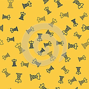 Blue line Satellite dish icon isolated seamless pattern on yellow background. Radio antenna, astronomy and space