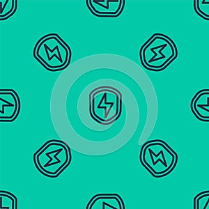 Blue line Secure shield with lightning icon isolated seamless pattern on green background. Security, safety, protection