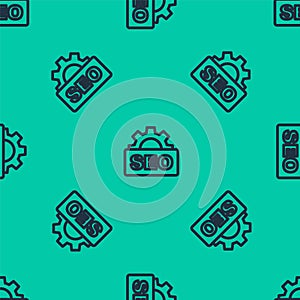 Blue line SEO optimization icon isolated seamless pattern on green background. Vector