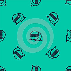 Blue line SEO optimization icon isolated seamless pattern on green background. Vector