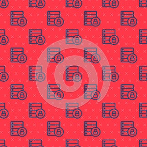 Blue line Server security with closed padlock icon isolated seamless pattern on red background. Database and lock