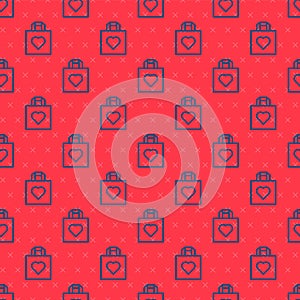 Blue line Shopping bag with heart icon isolated seamless pattern on red background. Shopping bag shop love like heart