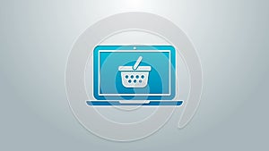 Blue line Shopping basket on screen laptop icon isolated on grey background. Concept e-commerce, e-business, online