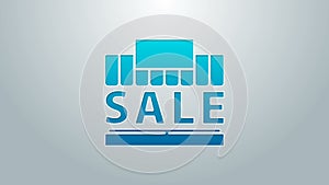 Blue line Shopping building or market store icon isolated on grey background. Supermarket sale concept. 4K Video motion