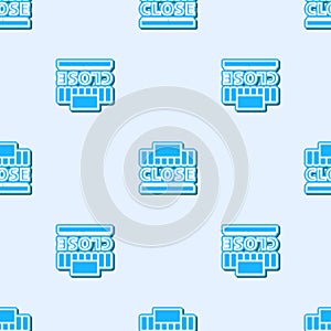 Blue line Shopping building or market store and text closed icon isolated seamless pattern on grey background. Shop