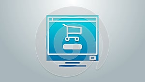 Blue line Shopping cart on screen computer icon isolated on grey background. Concept e-commerce, e-business, online