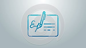 Blue line Signed document line icon isolated on grey background. Pen signing a contract with signature. Edit document