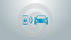 Blue line Smart car alarm system icon isolated on grey background. The smartphone controls the car security on the