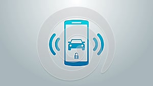 Blue line Smart car alarm system icon isolated on grey background. The smartphone controls the car security on the