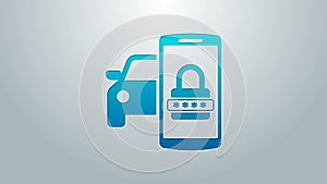 Blue line Smart car security system icon isolated on grey background. The smartphone controls the car security on the