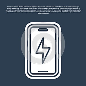 Blue line Smartphone charging battery icon isolated on blue background. Phone with a low battery charge. Vector