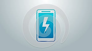 Blue line Smartphone charging battery icon isolated on grey background. Phone with a low battery charge. 4K Video motion