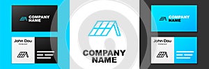 Blue line Solar energy panel icon isolated on white background. Logo design template element. Vector