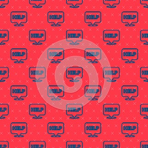 Blue line Speech bubble with text Help icon isolated seamless pattern on red background. Vector