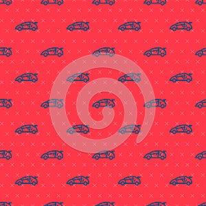 Blue line Sport racing car icon isolated seamless pattern on red background. Vector