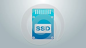 Blue line SSD card icon isolated on grey background. Solid state drive sign. Storage disk symbol. 4K Video motion