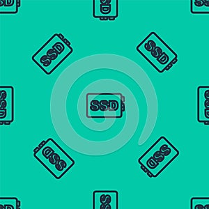 Blue line SSD card icon isolated seamless pattern on green background. Solid state drive sign. Storage disk symbol