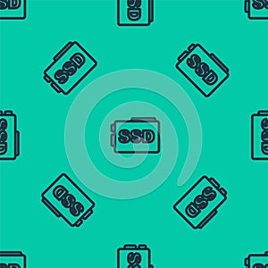 Blue line SSD card icon isolated seamless pattern on green background. Solid state drive sign. Storage disk symbol