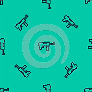 Blue line Submachine gun M3, Grease gun icon isolated seamless pattern on green background. Vector