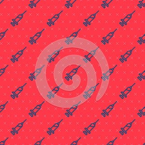 Blue line Syringe with serum icon isolated seamless pattern on red background. Syringe for vaccine, vaccination
