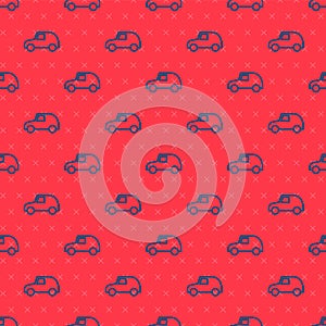 Blue line Toy car icon isolated seamless pattern on red background. Vector