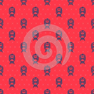 Blue line Train and railway icon isolated seamless pattern on red background. Public transportation symbol. Subway train