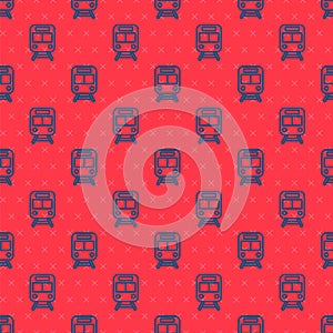 Blue line Train and railway icon isolated seamless pattern on red background. Public transportation symbol. Subway train