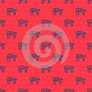 Blue line Transfer liquid gun in biological laborator icon isolated seamless pattern on red background. Vector