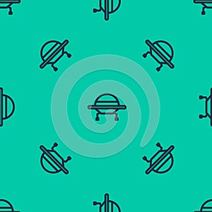 Blue line UFO flying spaceship icon isolated seamless pattern on green background. Flying saucer. Alien space ship