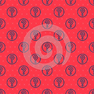Blue line Unknown search icon isolated seamless pattern on red background. Magnifying glass and question mark. Vector