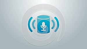 Blue line Voice assistant icon isolated on grey background. Voice control user interface smart speaker. 4K Video motion