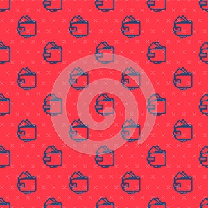 Blue line Wallet with stacks paper money cash icon isolated seamless pattern on red background. Purse icon. Cash savings