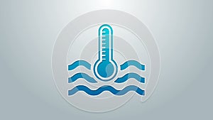 Blue line Water thermometer measuring heat and cold icon isolated on grey background. Thermometer equipment showing hot