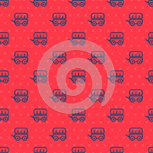 Blue line Wild west covered wagon icon isolated seamless pattern on red background. Vector
